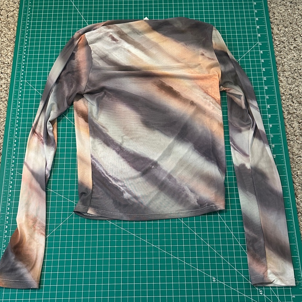 Caution To The Wind Long Sleeve Mesh Top in Gray, Cream & Tan Tie-Dye